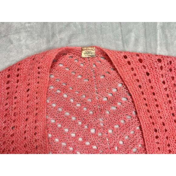 Handmade Crochet Triangle Shawl Coral Pink Grandmacore Boho Festival Fringe VTG - Picture 3 of 9